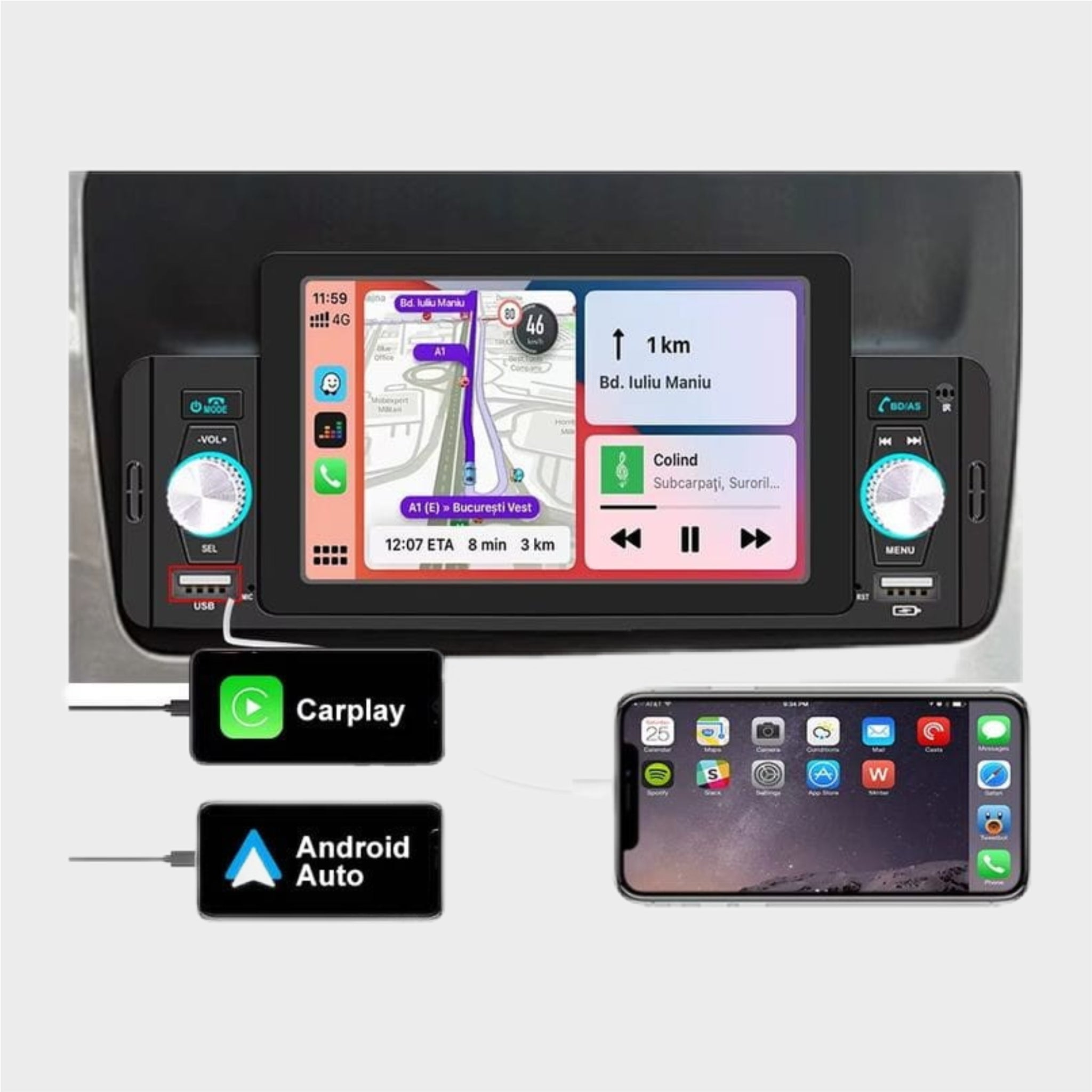 BKAP 160W – Autorádio 1 DIN com Ecrã 5" Bluetooth CarPlay/Android Auto Wireless